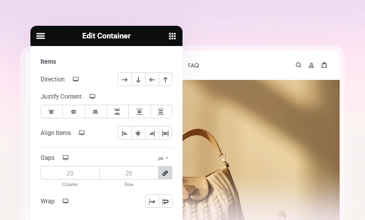 Layout controls for direction, alignment and spacing in a Flexbox Container