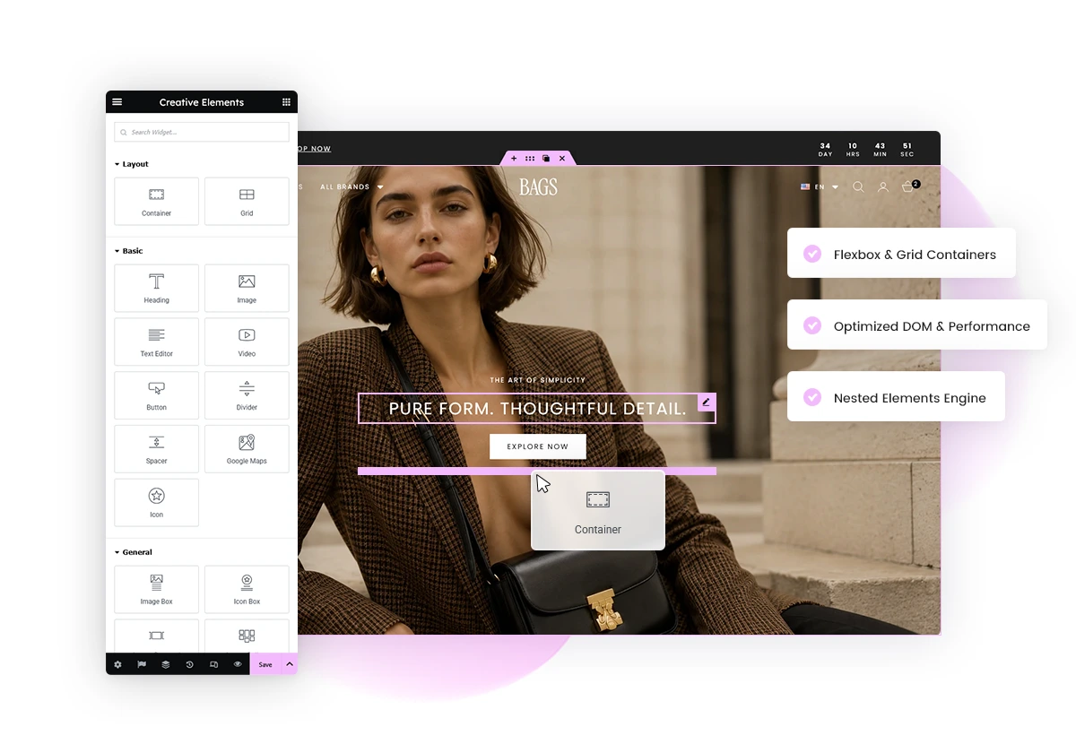 Creative Elements 3.16 editor with new design and layout features