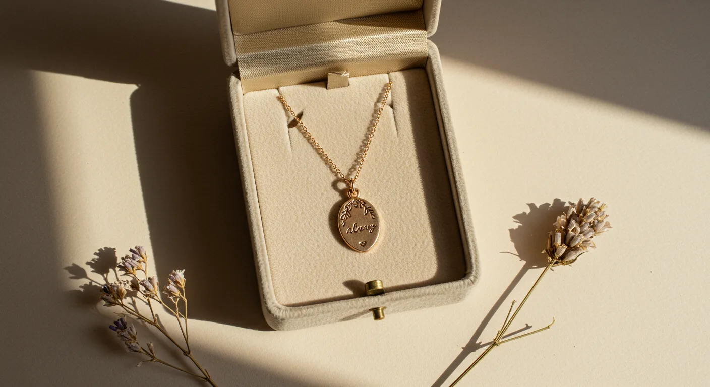 Minimal gold pendant engraved with “always” inside an elegant beige jewelry box, set on soft textured paper.
