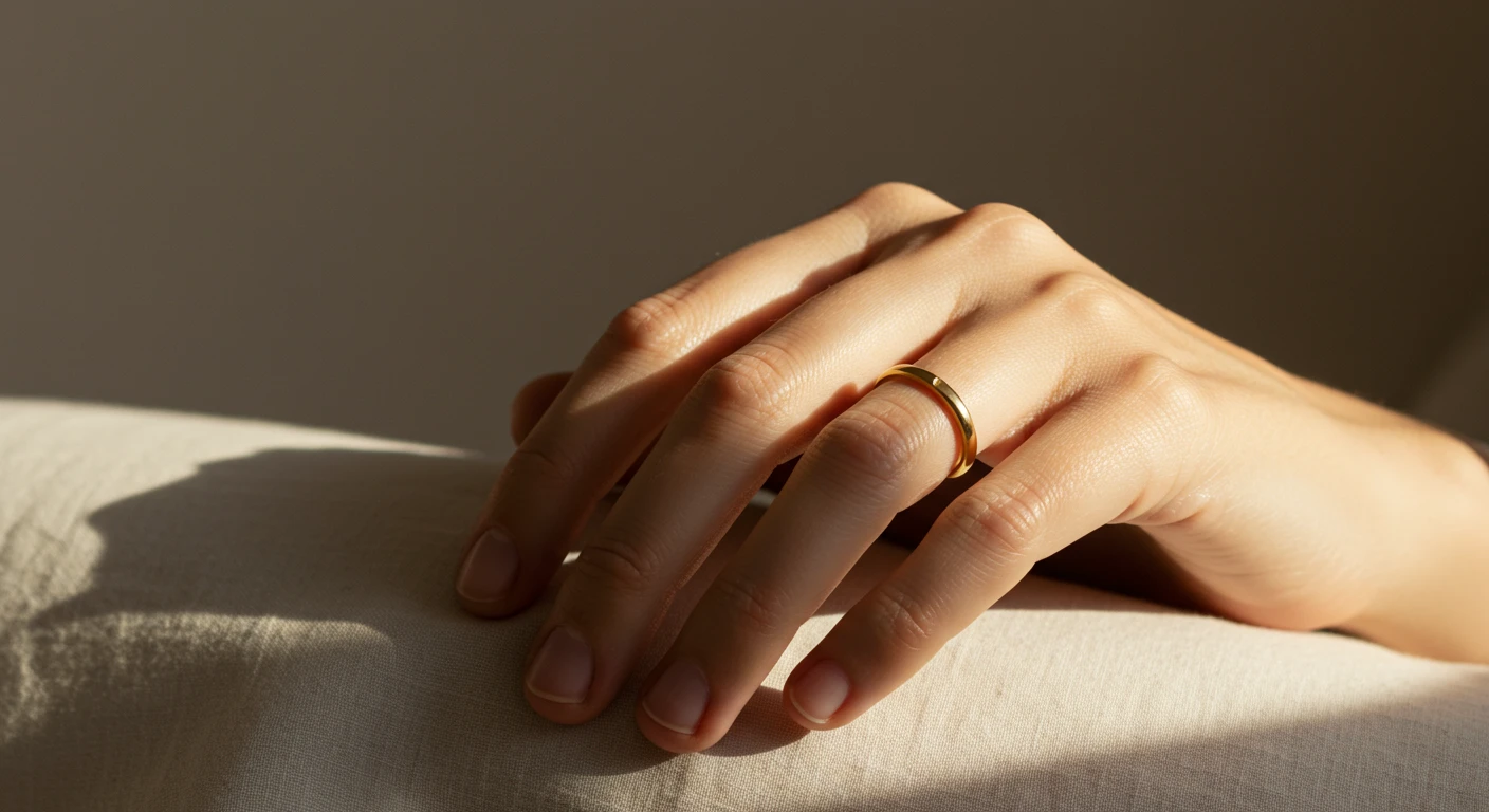 Close-up of a hand wearing a minimal circular gold ring resting on soft linen, bathed in natural light.
