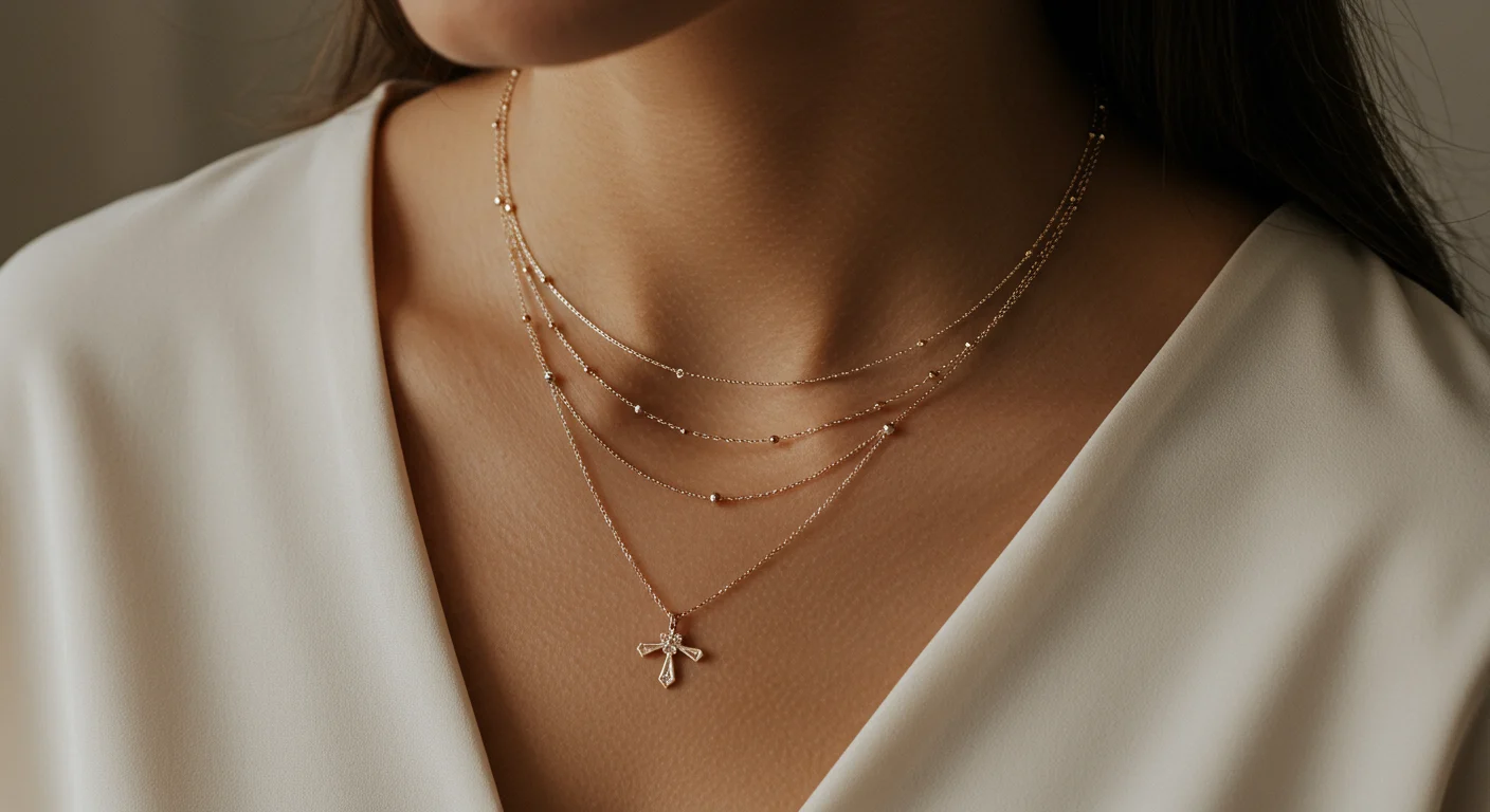 Delicate layered necklaces worn over a cream blouse, softly lit with a neutral, airy background.