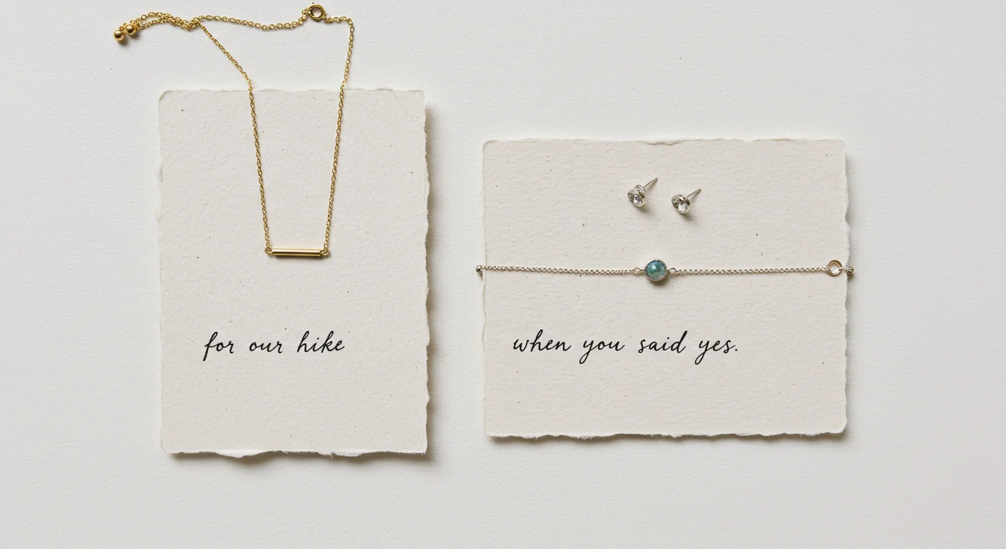 Flat lay of three minimal jewelry pieces resting on handmade paper, accompanied by handwritten notes with personal meanings.