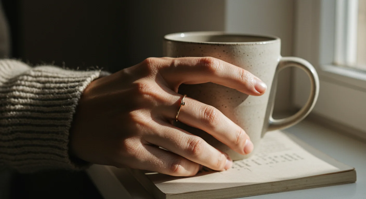 Minimal silver ring on hand holding a ceramic cup, photographed in soft morning light.