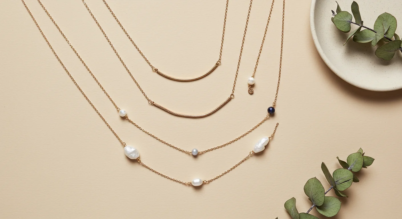 Top-down flat lay of three gold necklaces arranged by length on a neutral beige surface, with a ceramic dish and dried eucalyptus accent.