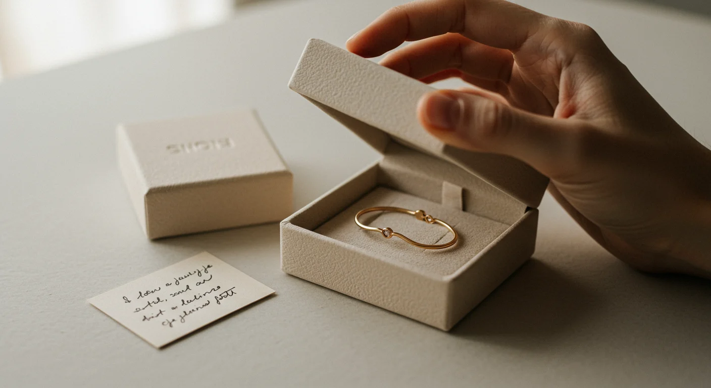Hands gently opening a beige jewelry box revealing a minimal gold bracelet and handwritten note, softly lit.