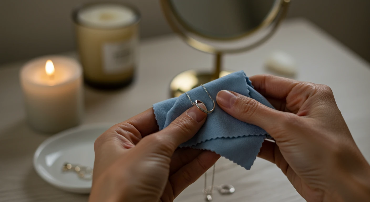 Woman’s hand polishing a delicate gold bracelet with soft cloth on a minimal vanity.