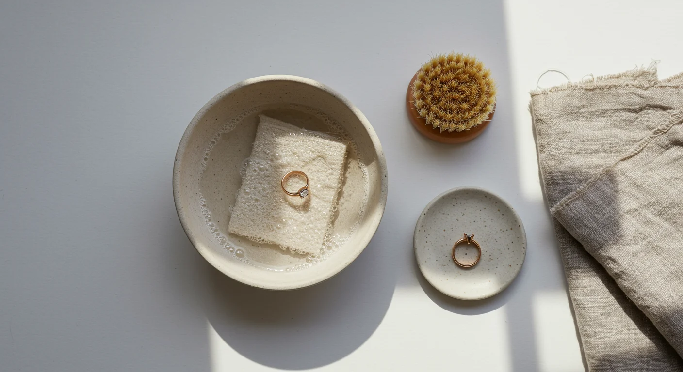 Minimal jewelry cleaning setup with a ring, soft cloth, and bowl of soapy water.