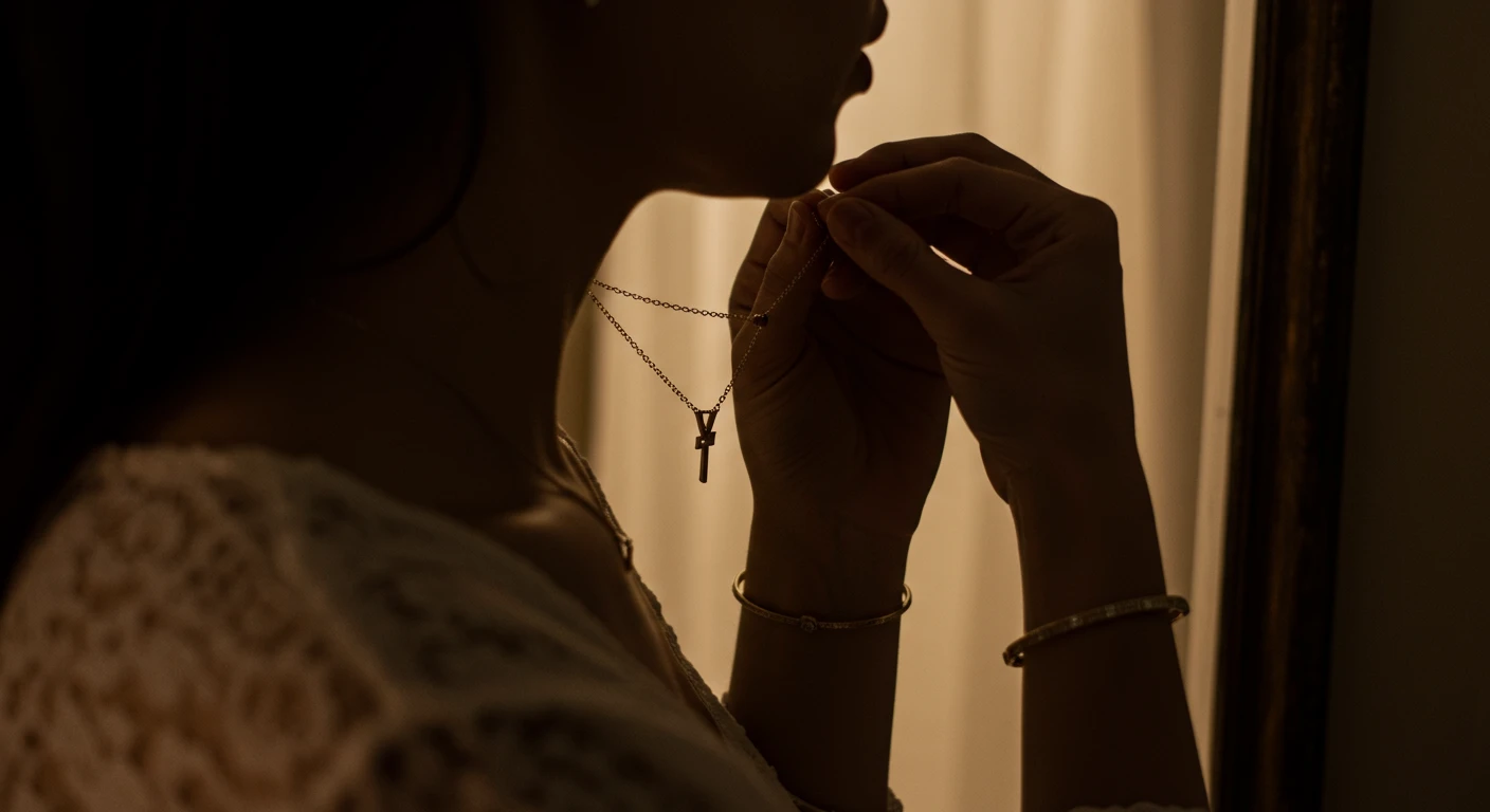 Woman switching jewelry in soft mirror light—removing a chain, putting on Y-necklace and cuff bracelet.