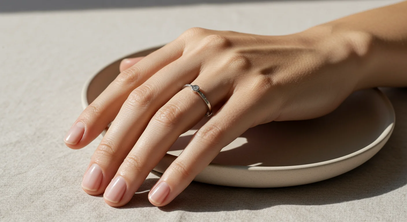 Elegant woman’s hand wearing a single minimal ring resting on a light beige textured surface.