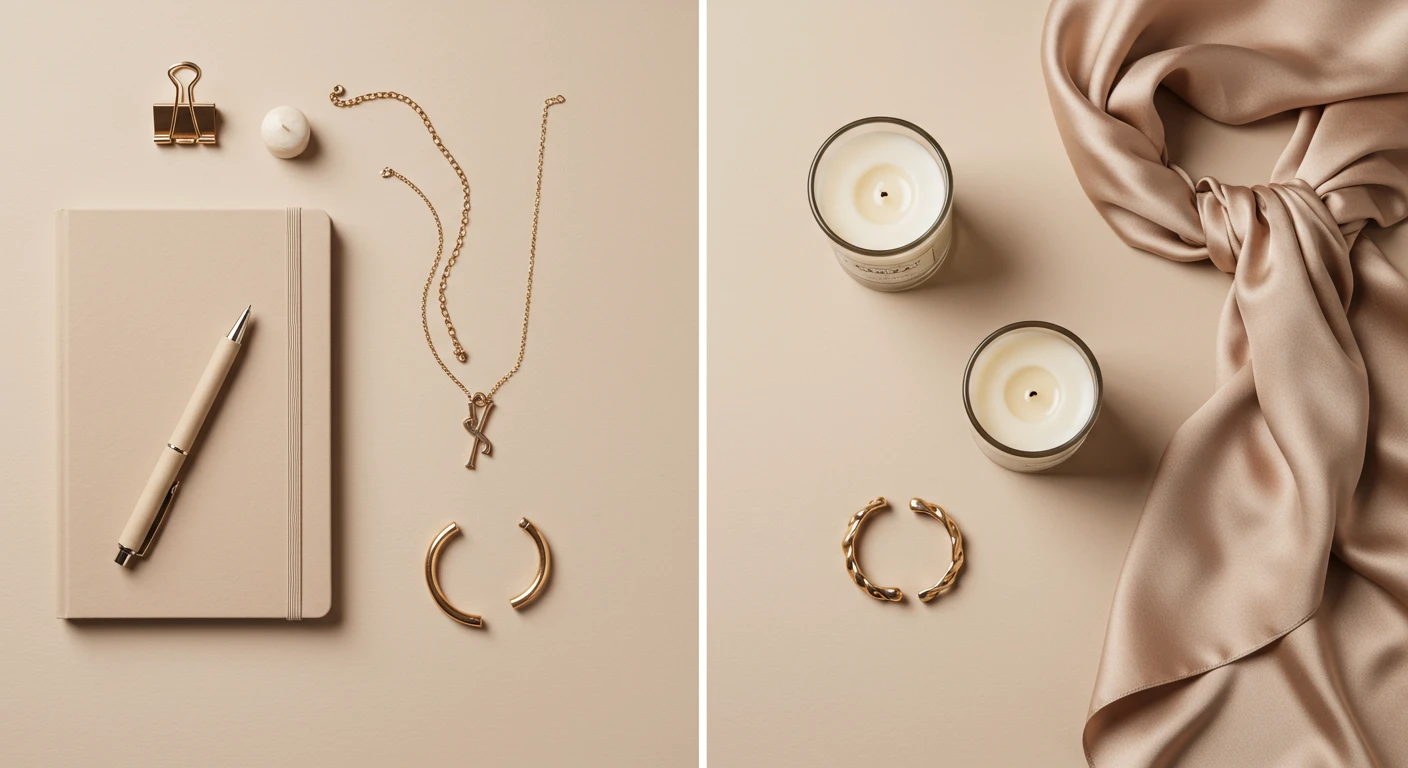 Flat lay showing workspace pen and notebook blending into evening hints—a cuff, candle, and Y-necklace, on beige background.