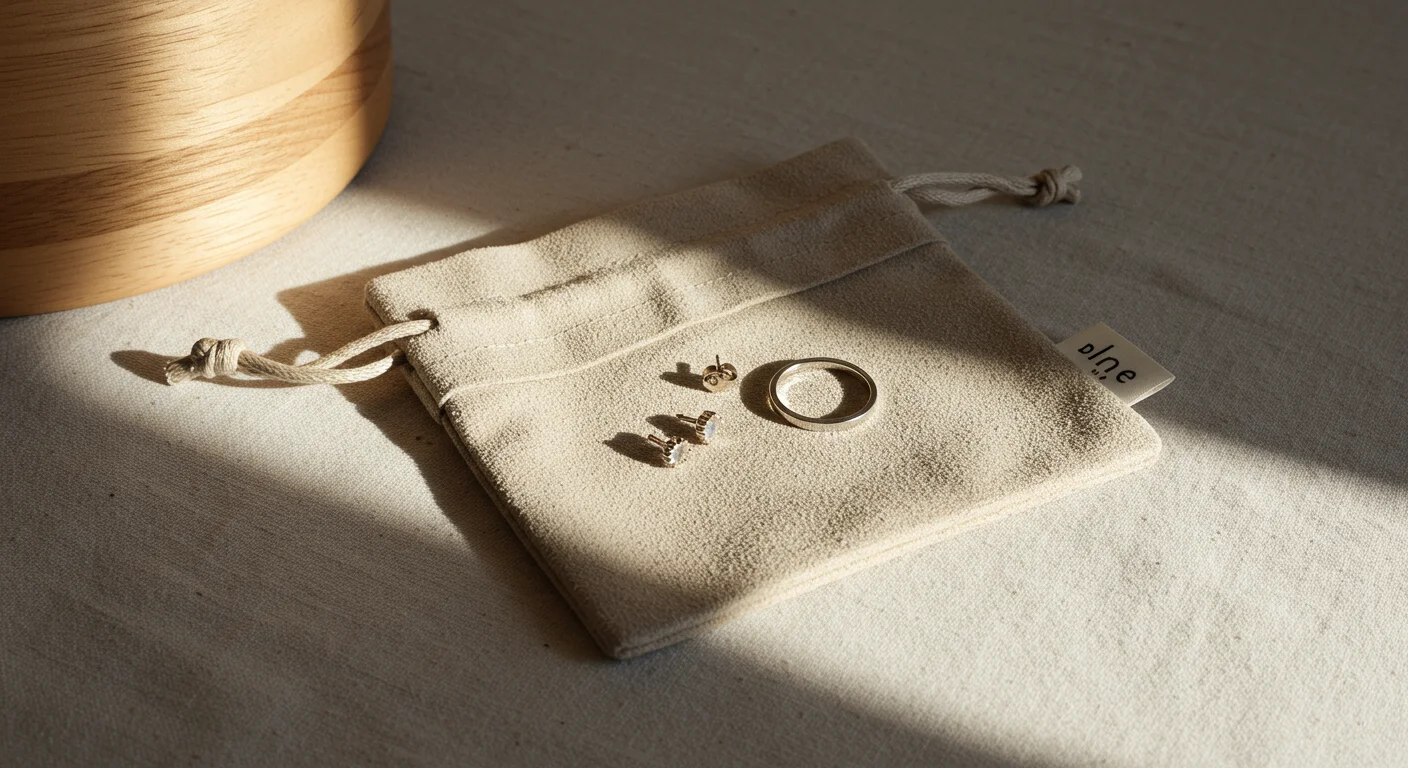 Minimal gold and silver jewelry stored in soft linen pouch on neutral background.