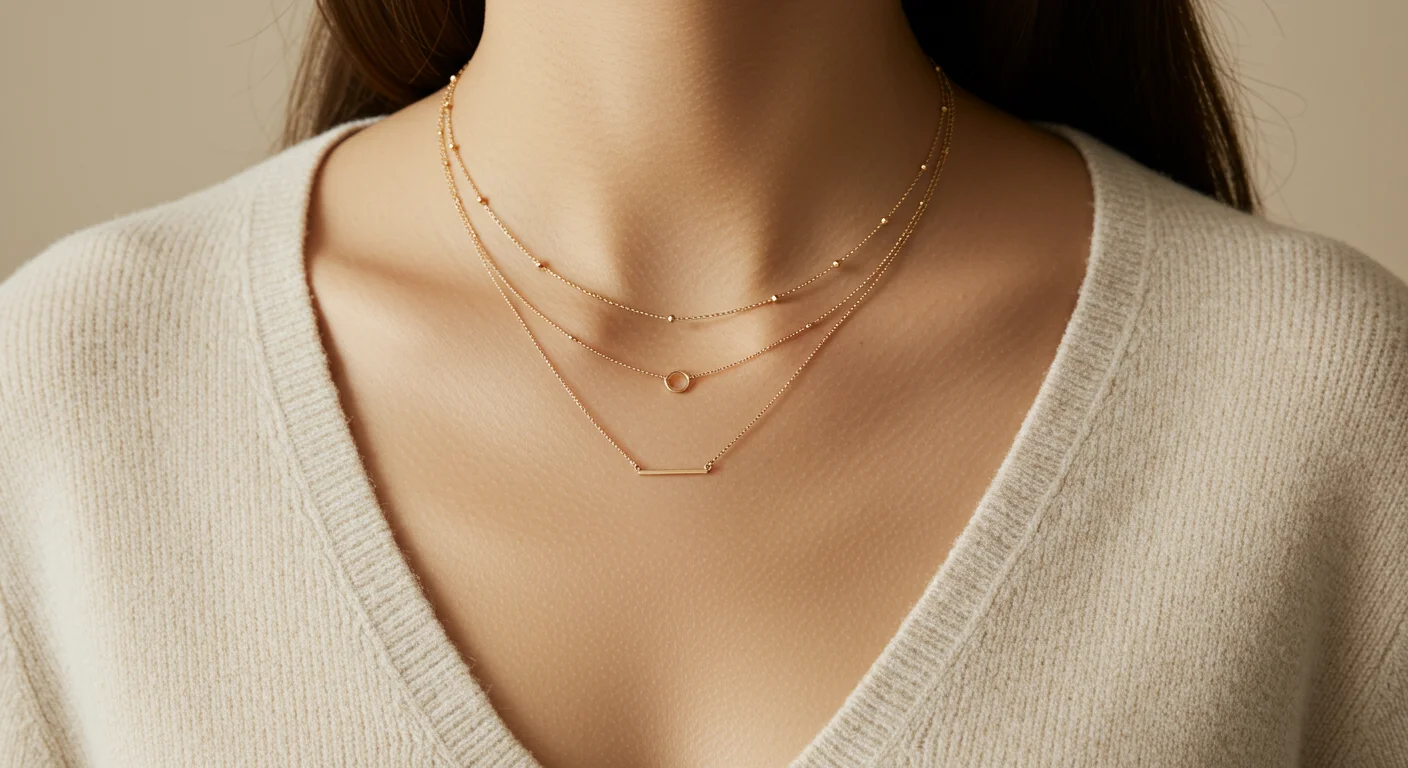 Close-up of a model’s neck wearing three layered gold necklaces of varying lengths with minimal pendants, against a soft beige background.