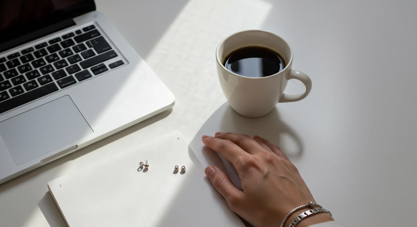 Jewelry pieces on a minimal desk setup with a hand, silver bracelet, and small stud earrings; soft morning light.