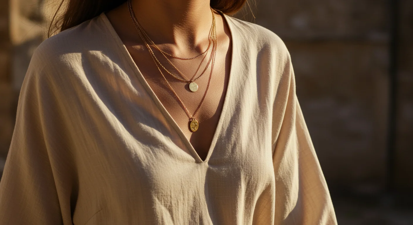 orso of a model walking in sunlight wearing a beige blouse and delicate layered necklaces that catch the light.
